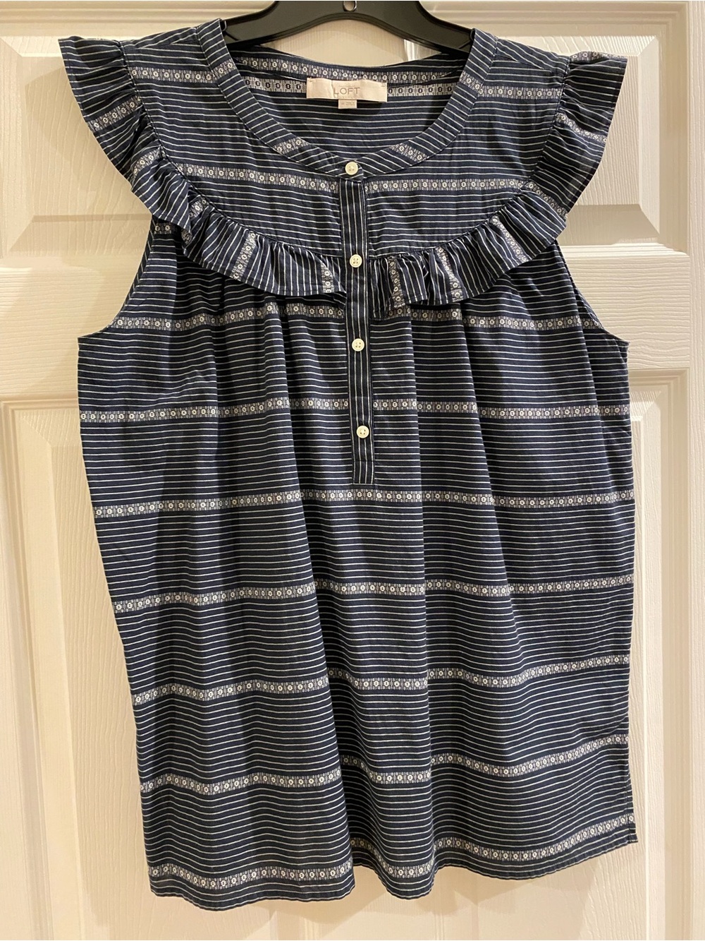 LOFT Black Striped Sleeveless Top With Ruffle.